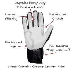 Bruce Bolt PREMIUM PRO Chrome Series Long Cuff Batting Gloves: Black -Baseball Promotions Shop LC CHRB PALM CALLOUTS